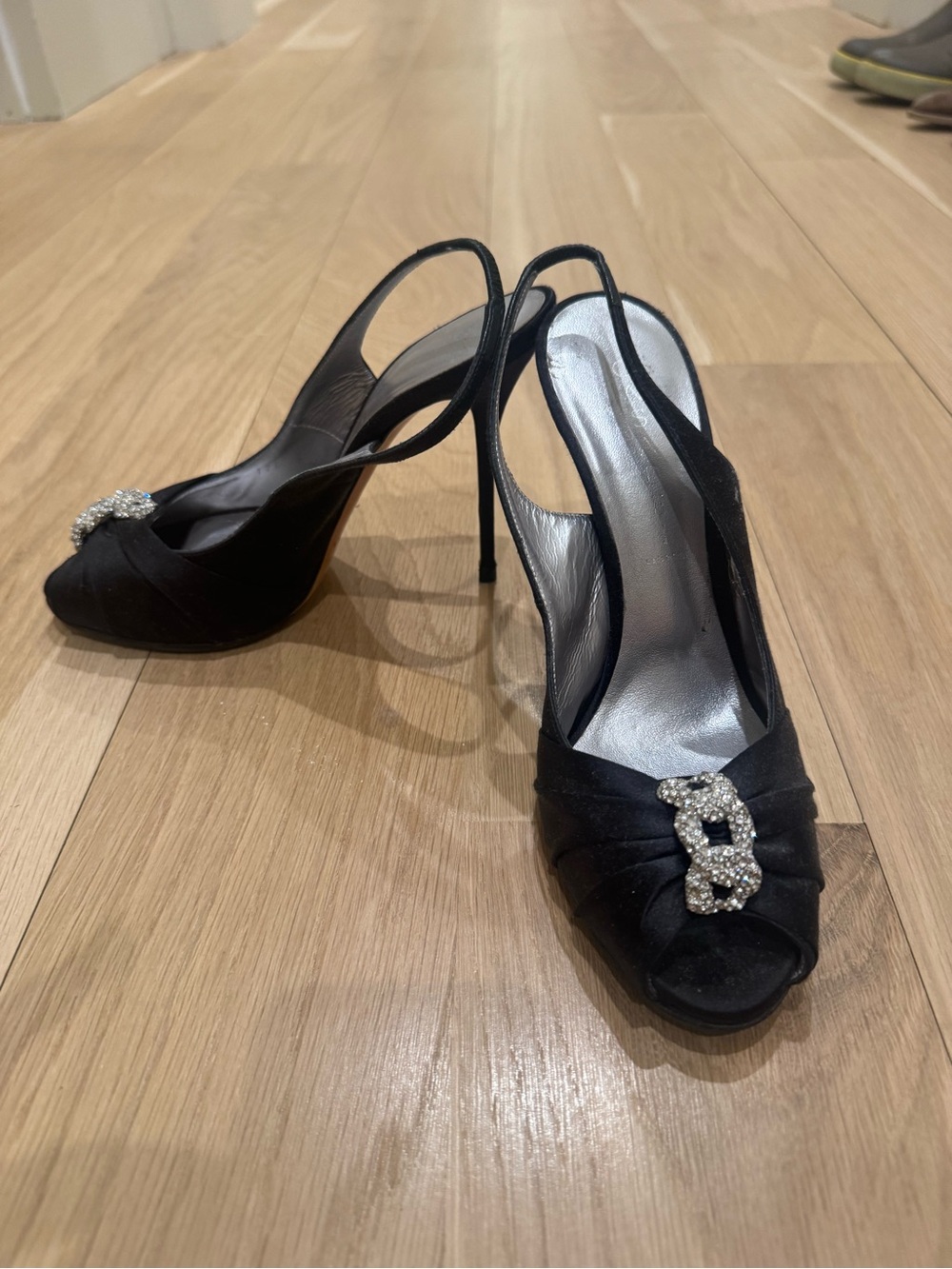 Casadei Black Satin Slingback Heels with Crystal Buckle Accent